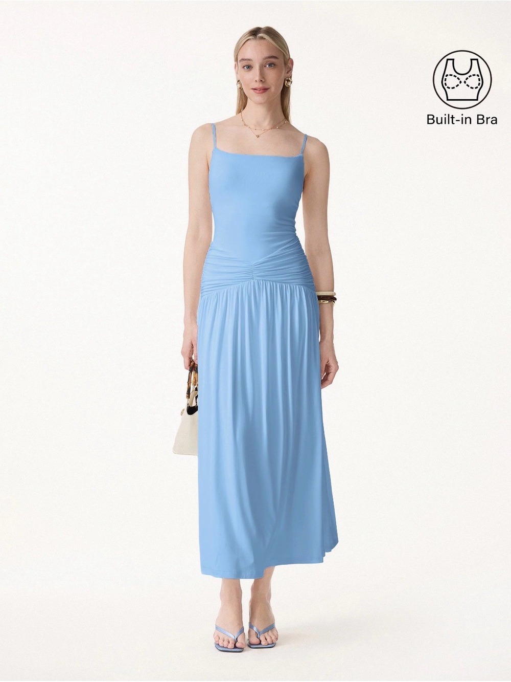Eco-SkinKiss®
Not-See-Thru Spaghetti Gathered Maxi Bra Dress Large in blue nwt